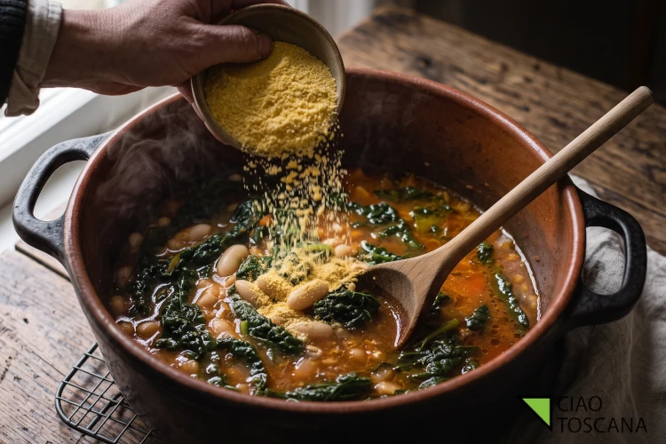 Aggiunta a pioggia della farina di mais bramata nella zuppa di cavolo nero in ebollizione Aggiunta a pioggia della farina di mais bramata nella zuppa di cavolo nero in ebollizione