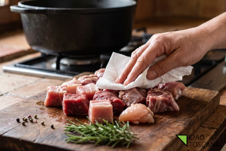 Asciugatura dei pezzi di carne mista cruda su un tagliere di legno per la scottiglia Asciugatura dei pezzi di carne mista cruda su un tagliere di legno per la scottiglia