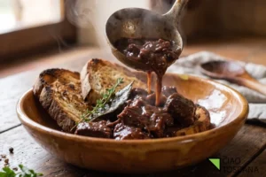 Composizione del piatto scottiglia calda versata su fette di pane toscano tostato in una ciotola di terracotta