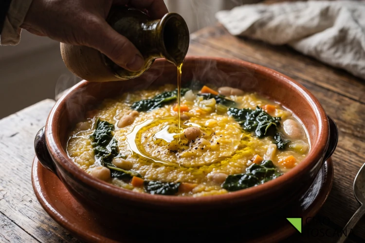 Olio extravergine di oliva versato a crudo sulla farinata di cavolo nero appena impiattata Olio extravergine di oliva versato a crudo sulla farinata di cavolo nero appena impiattata
