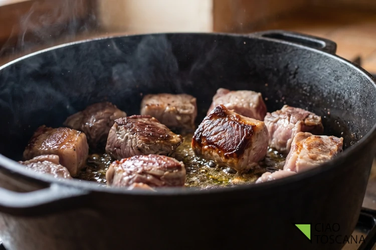 Pezzi di carne mista in rosolatura a fiamma viva nel tegame di ghisa Pezzi di carne mista in rosolatura a fiamma viva nel tegame di ghisa