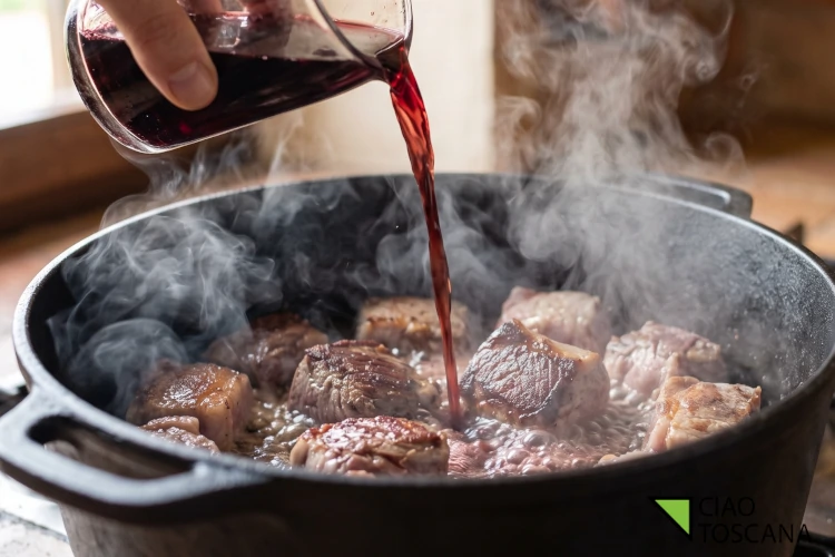 Sfumatura della carne rosolata con vino rosso a fiamma alta Sfumatura della carne rosolata con vino rosso a fiamma alta