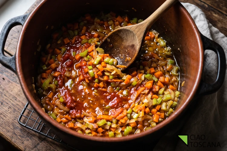 Soffritto di sedano, carota e cipolla con pomodoro in una pentola in ghisa