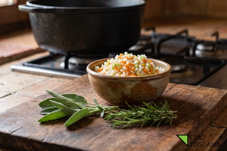 Trito finissimo di sedano, carota e cipolla in una ciotola con erbe aromatiche fresche Trito finissimo di sedano, carota e cipolla in una ciotola con erbe aromatiche fresche